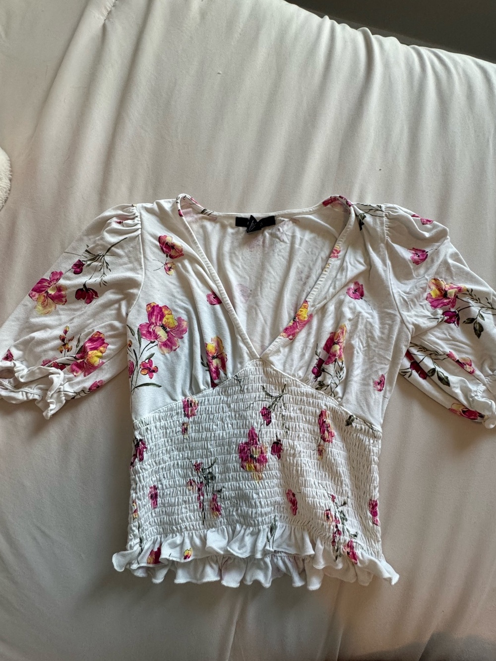 Forever 21 White Floral Smocked V-Neck Top with Pink and Yellow Flowers